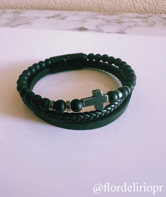 Cross black leather bracelet
