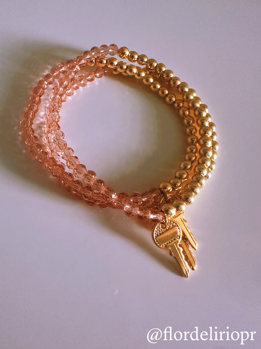 Pink crystals gold key bracelet