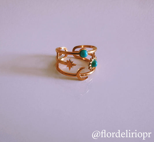 Moon, star and sun ring