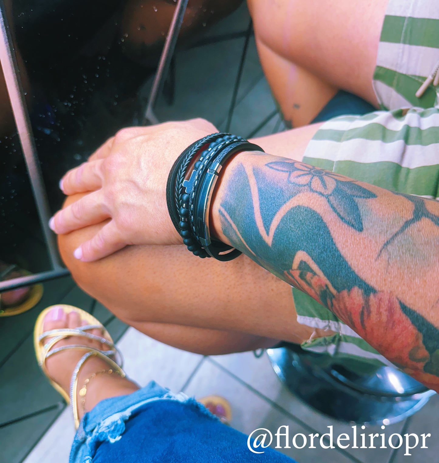 Cross black leather bracelet