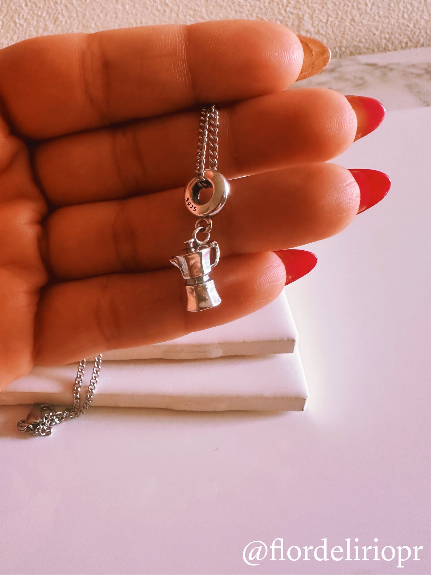 Silver greca coffee maker necklace