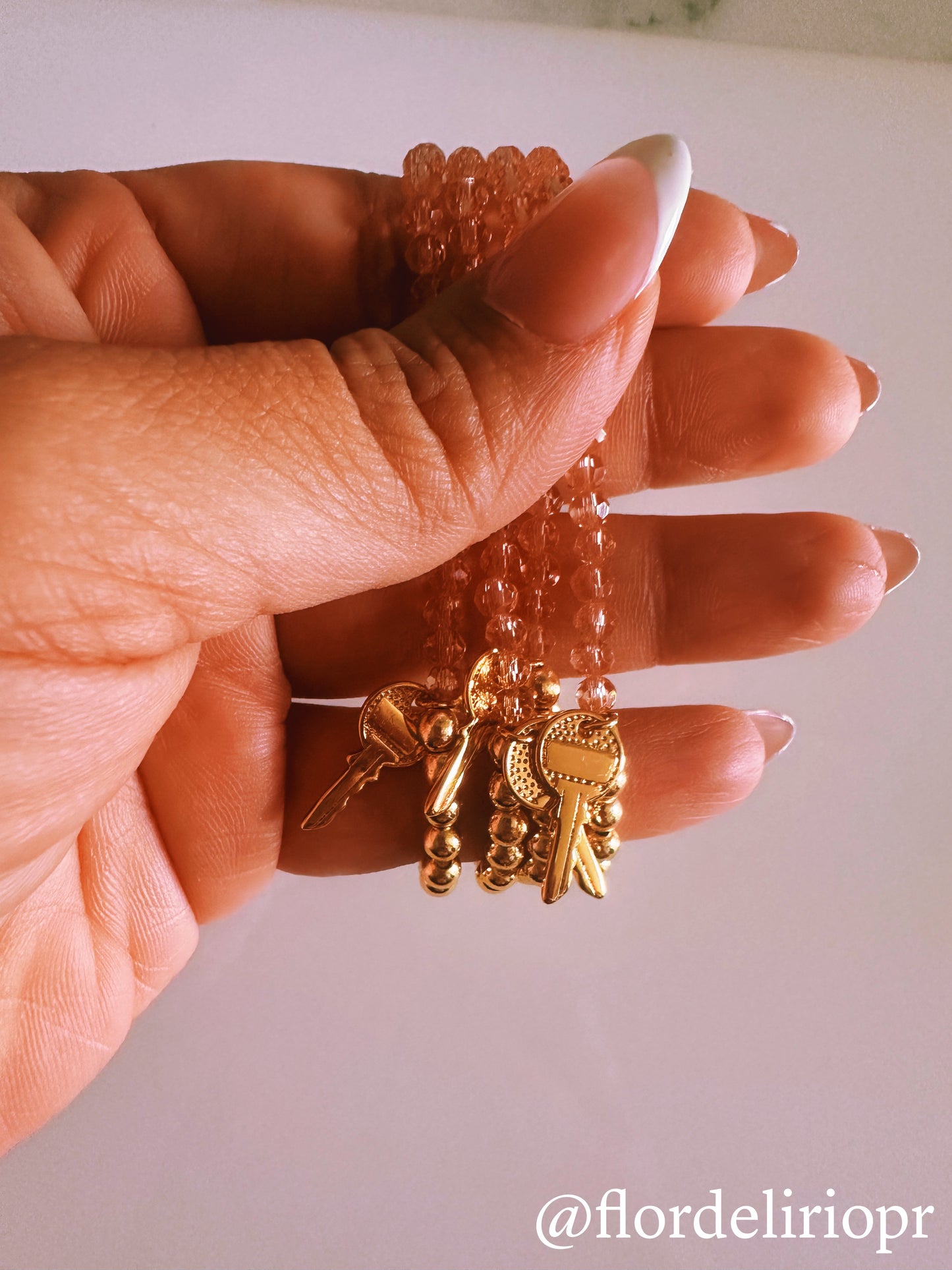 Pink crystals gold key bracelet