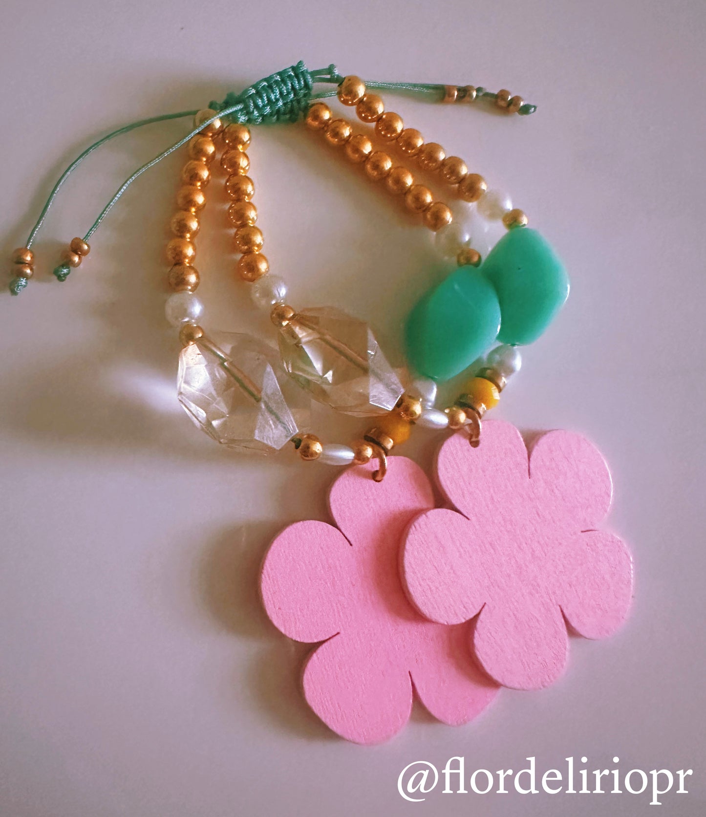 Pink wood flower bracelet