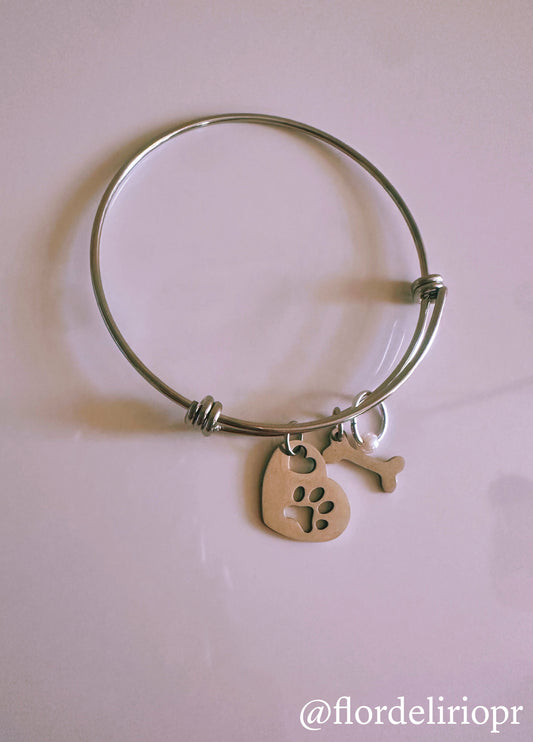 Silver paw and dog bone bangle
