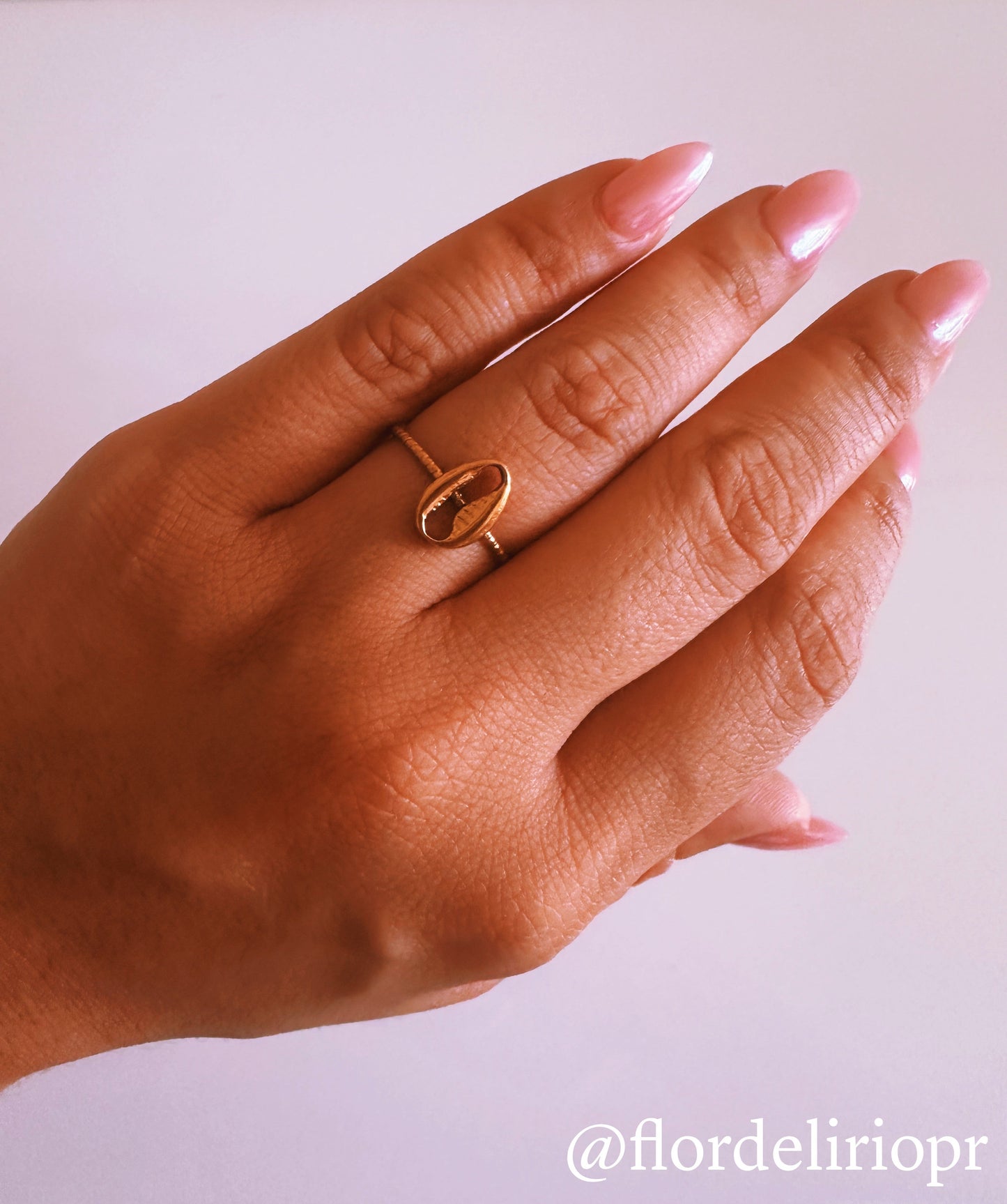 Beach shell ring in 18k gold plated finish with an adjustable band, featuring a delicate shell design on a hand model.